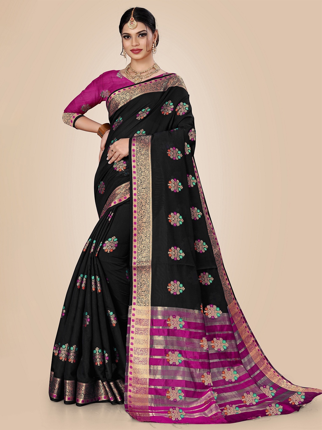 

Rivana Black & Purple Floral Zari Pure Cotton Chanderi Saree