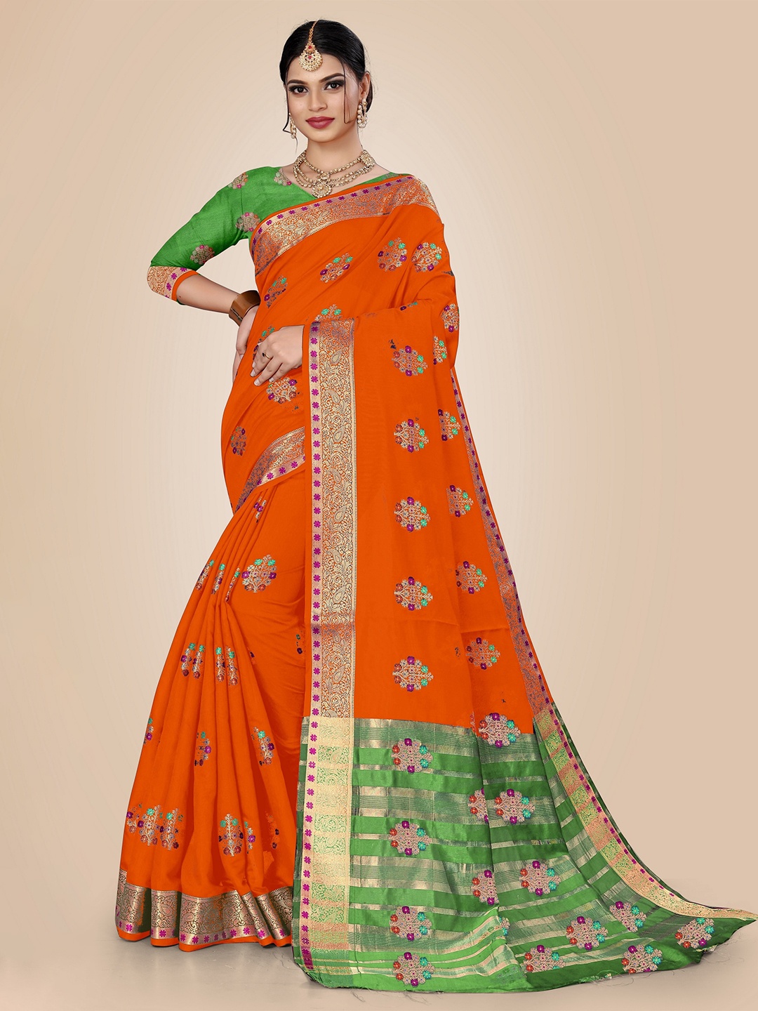 

Rivana Orange & Green Woven Design Zari Pure Cotton Chanderi Saree