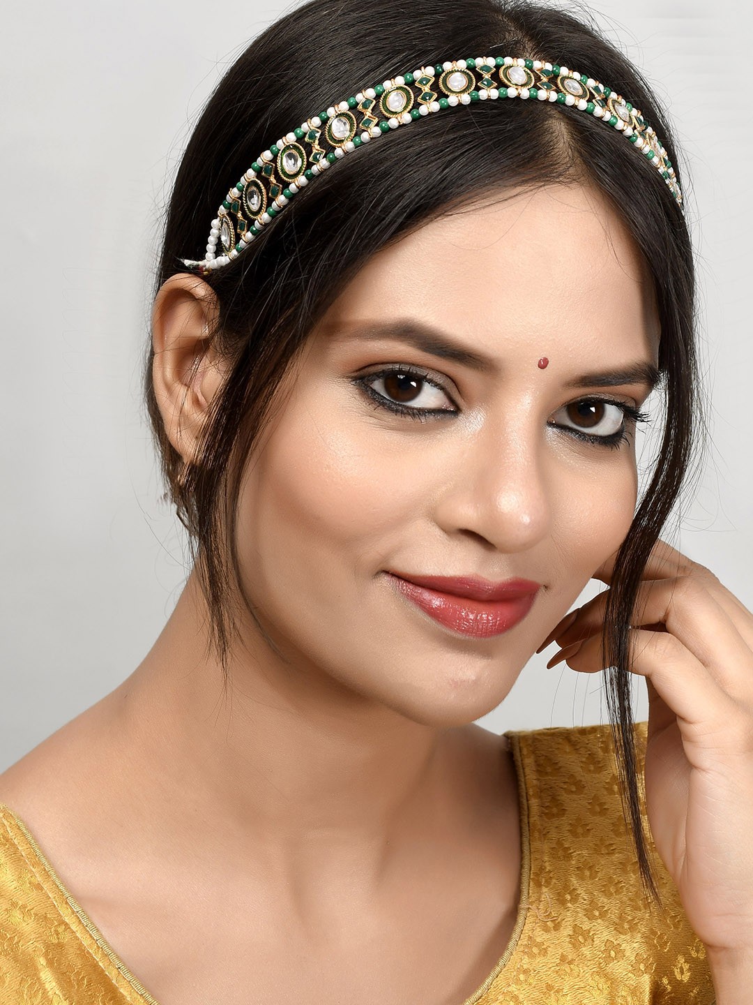 

Silvermerc Designs Gold-Plated Green & White Pearl Beaded Meenakari Matha Patti