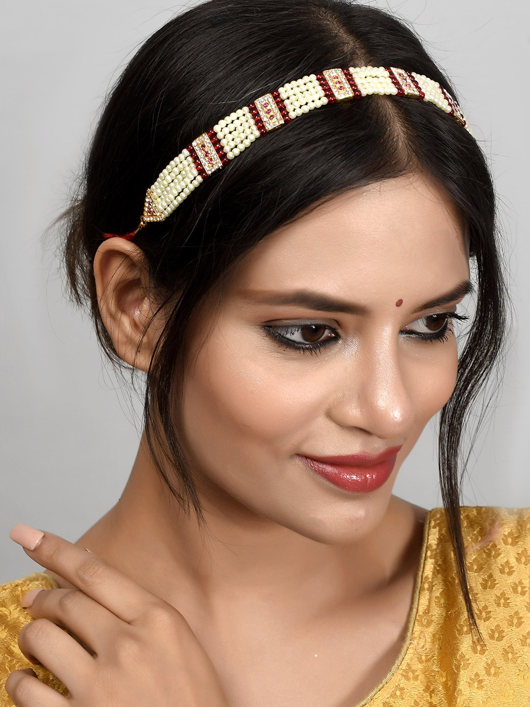 

Silvermerc Designs Gold-Plated Red Stone Studded Pearl Beaded Matha Patti