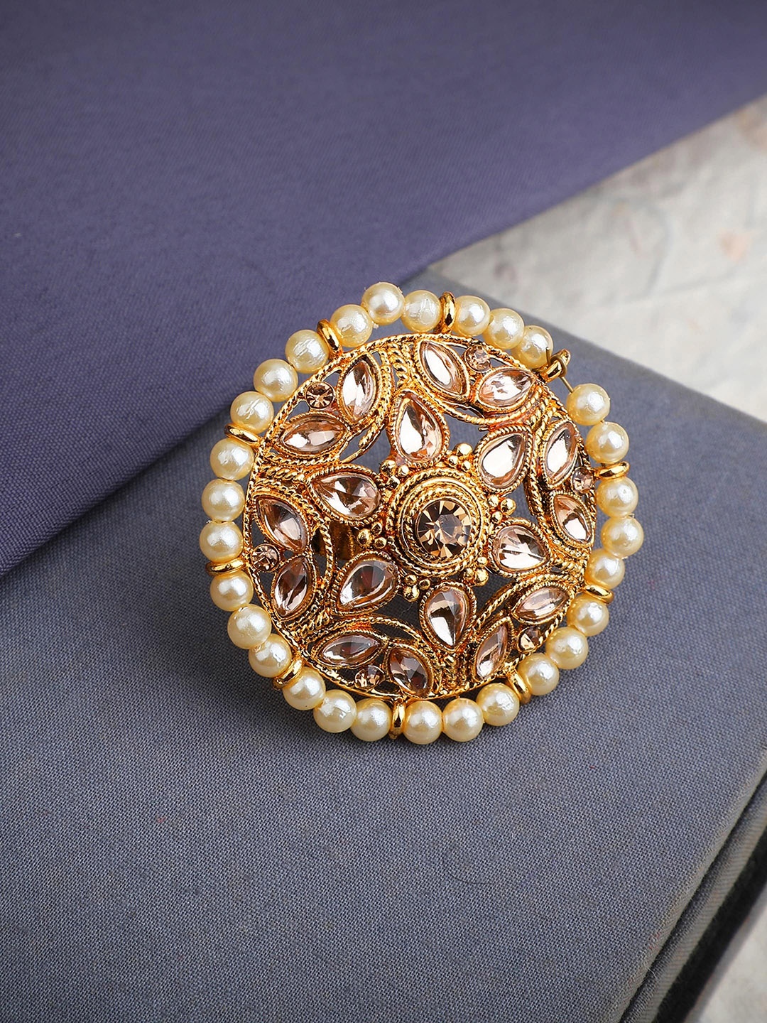 

ANIKAS CREATION Gold-Plated White Stone Studded & Beaded Finger Ring