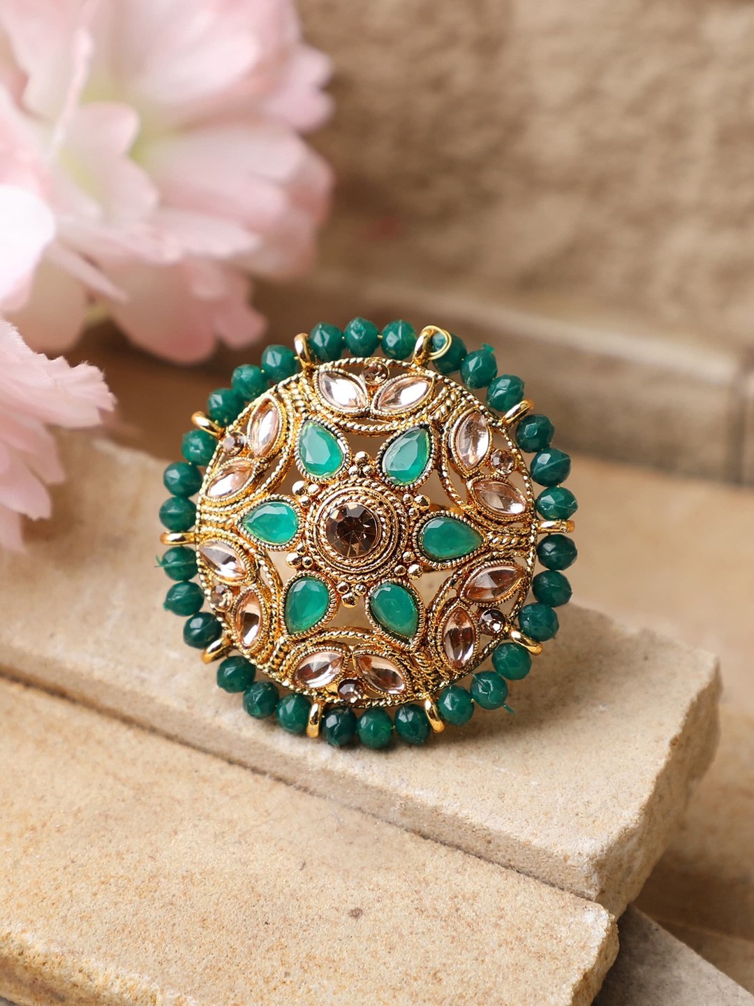 

ANIKAS CREATION Gold-Plated White & Green Stone-Studded & Beaded Adjustable Finger Ring