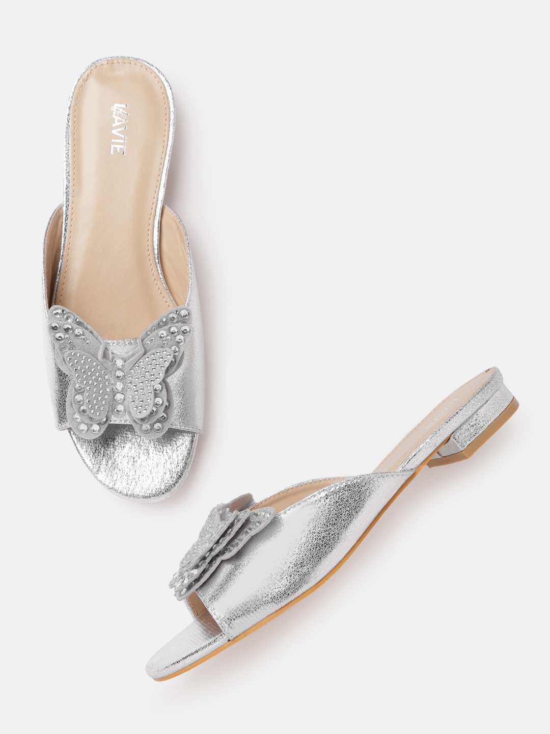 

Lavie Women Silver-Toned Stone Embellished Open Toe Flats