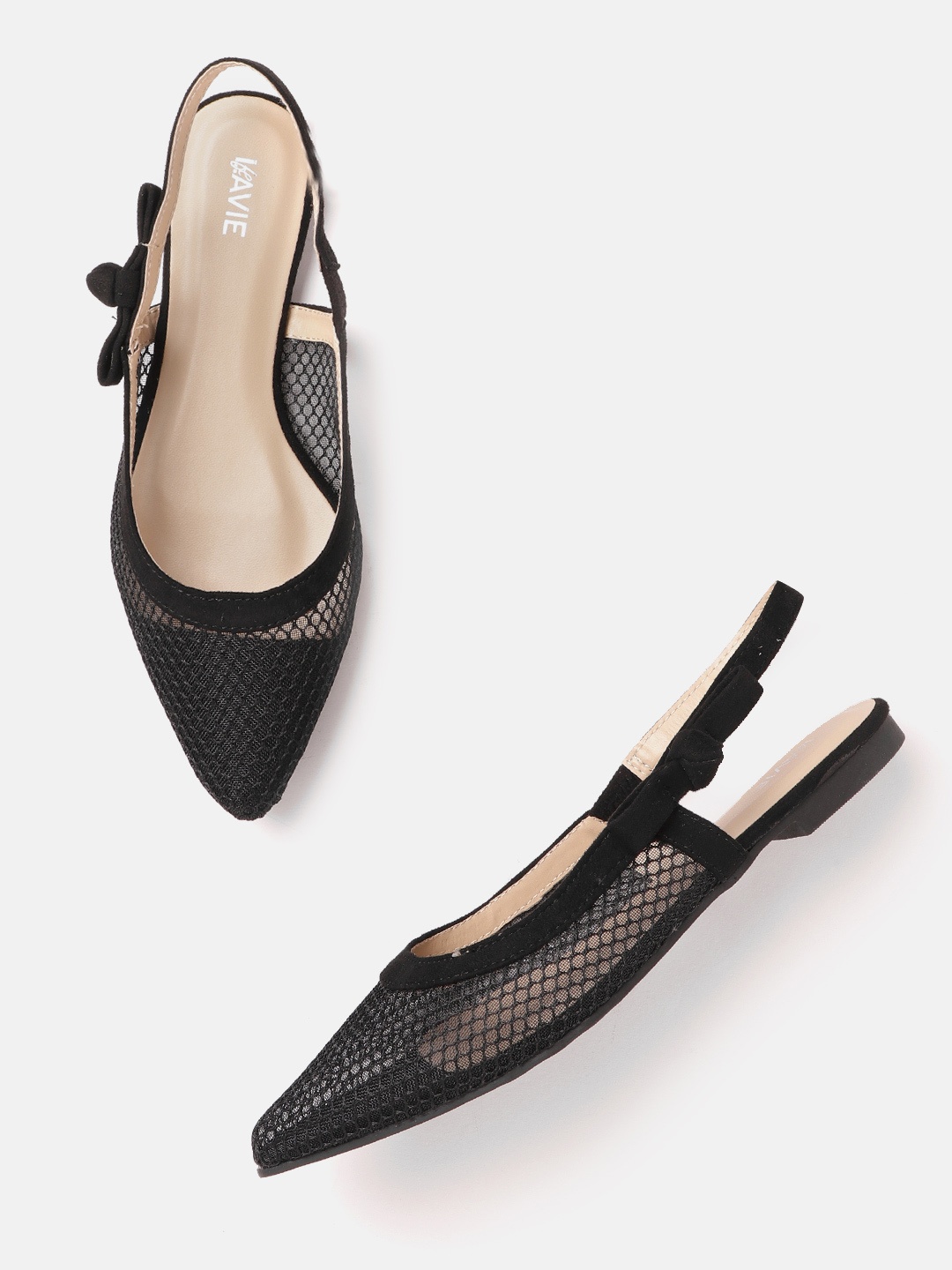 

Lavie Women Black Fishnet Textured Mules with Suede Finish Bows