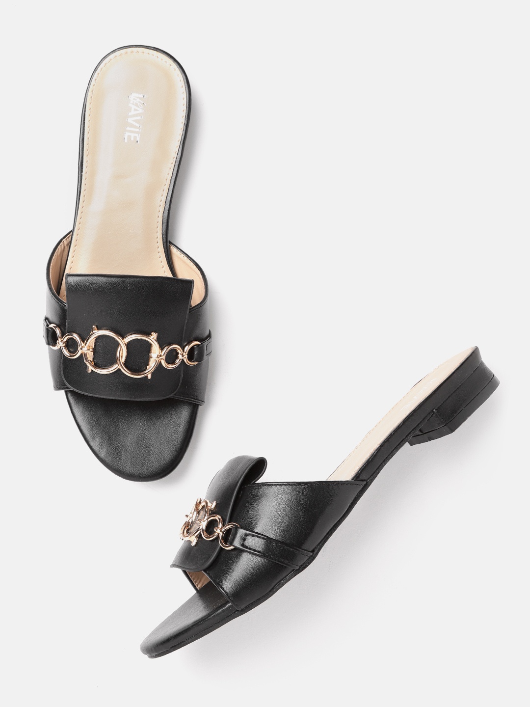 

Lavie Women Black & Gold-Toned Link Embellished Open Toe Flats
