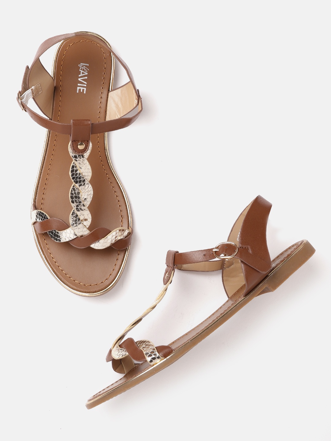 

Lavie Women Gold-Toned & Coffee Brown Snakeskin Textured Braided Design Open Toe Flats