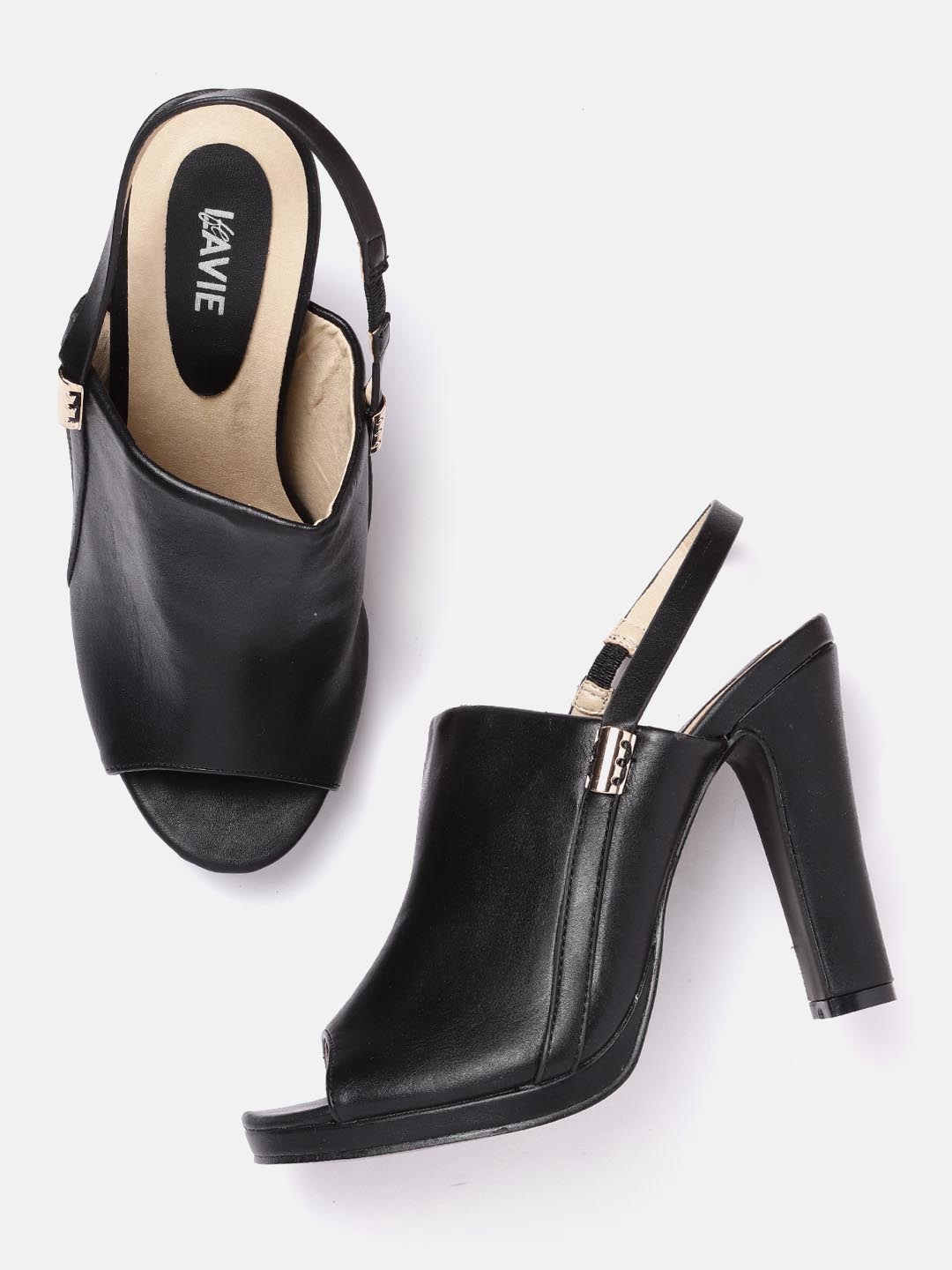 

Lavie Black Solid Block Mules with Metallic Detail