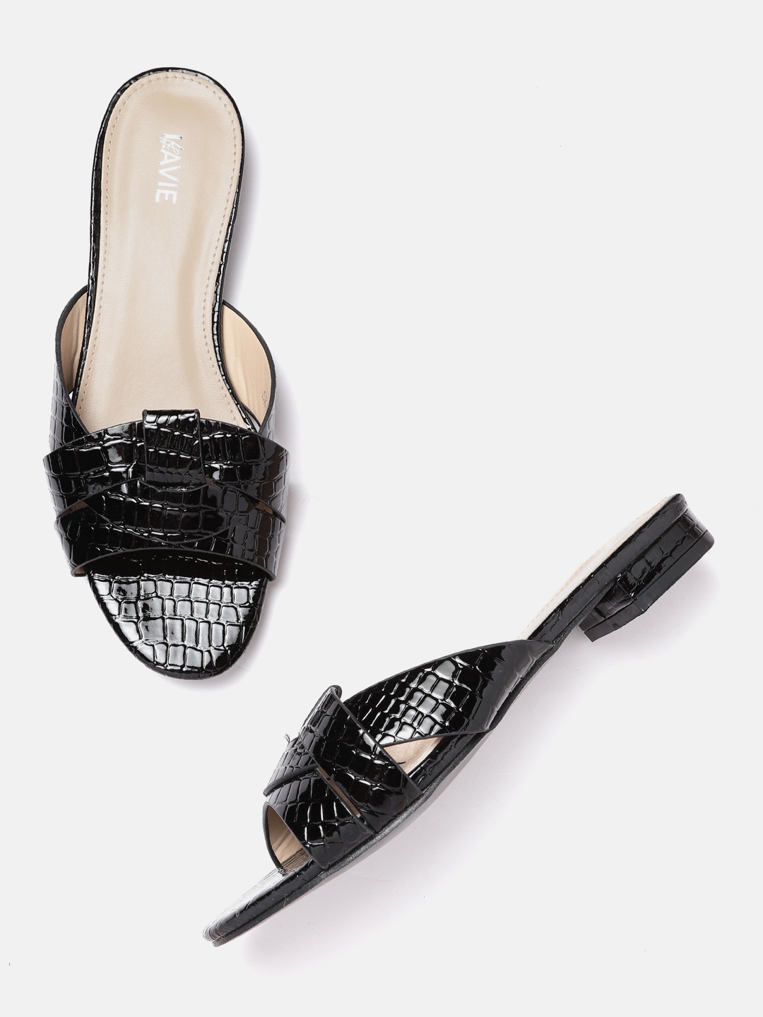

Lavie Women Black Croc Textured Open Toe Flats