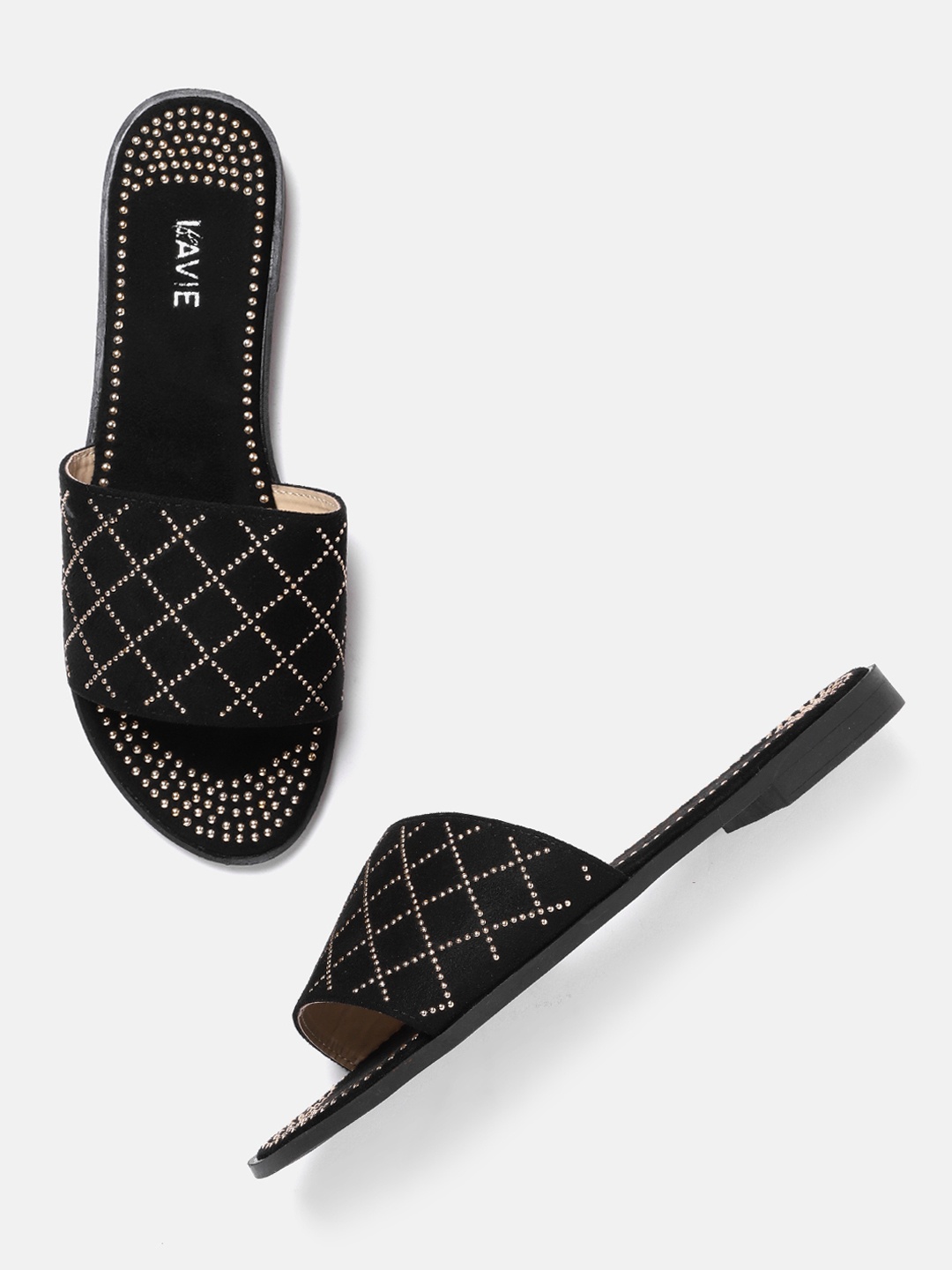 

Lavie Women Black & Gold-Toned Embellished Open Toe Flats