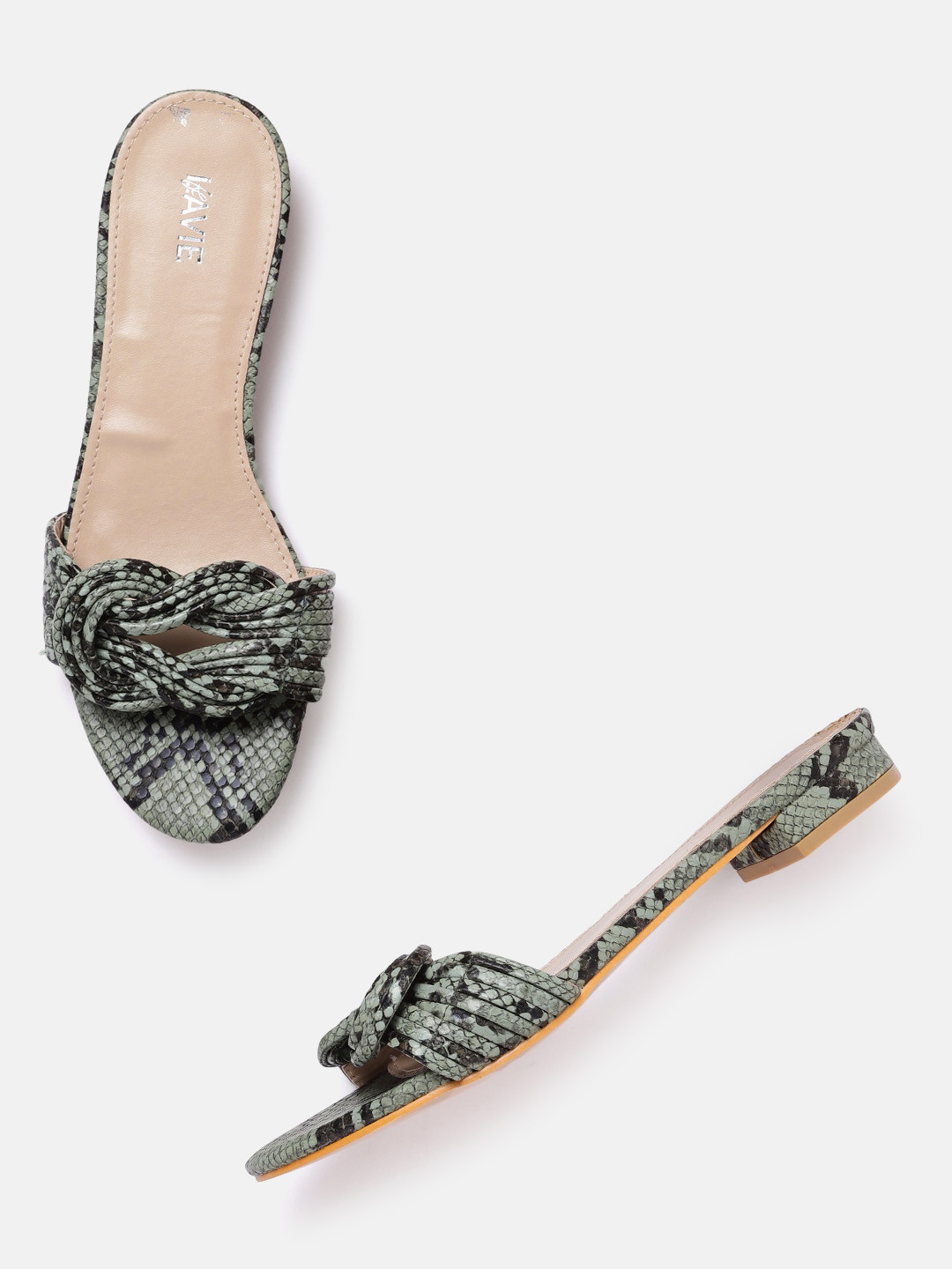

Lavie Women Green & Black Snakeskin Print Open Toe Flats