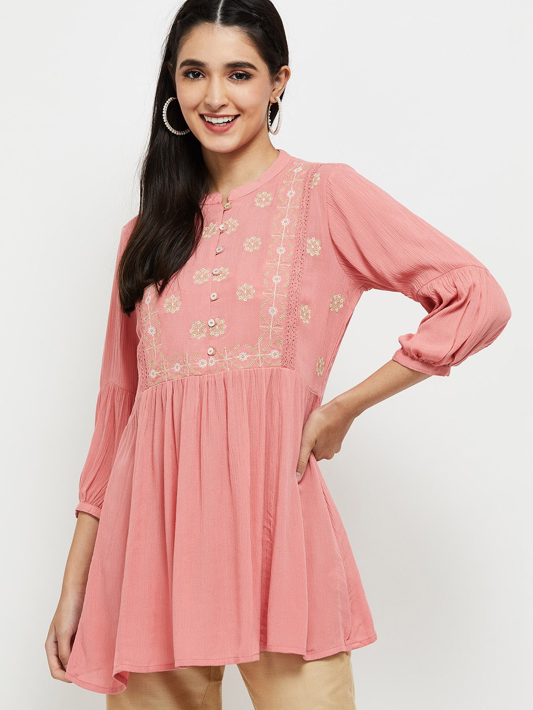 

max Pink & White Viscose Rayon Printed Tunic