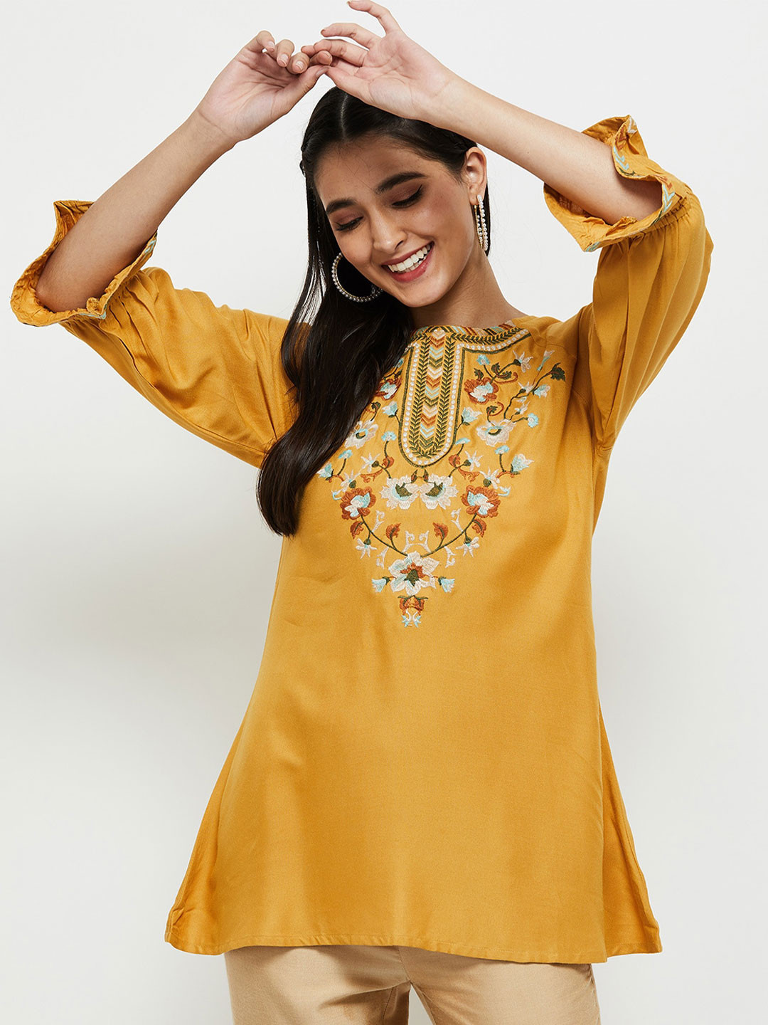 

max Women Mustard & Green Embroidered Tunic