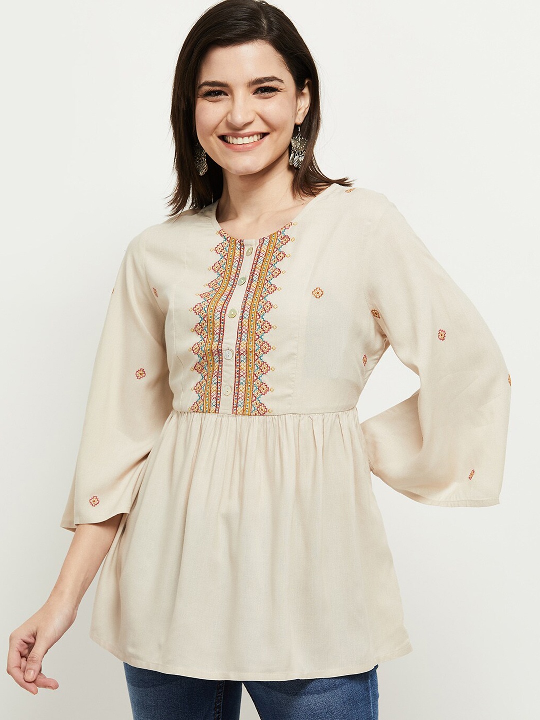 

max Nude-Coloured & Cream-Coloured Viscose Rayon Printed Tunic