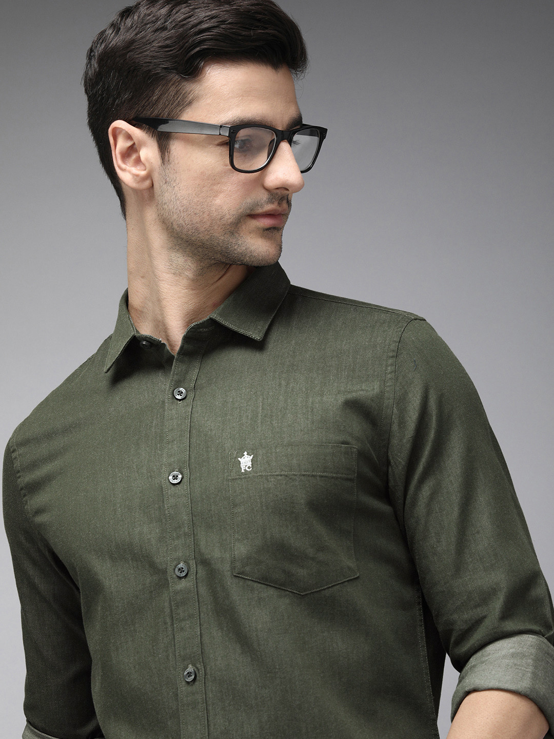 

French Connection Men Olive Green Self Design Classic Slim Fit Pure Cotton Casual Shirt
