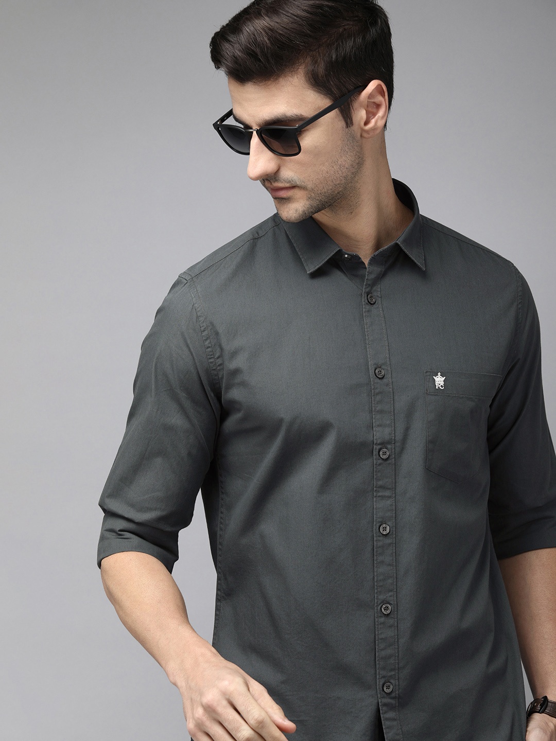 

French Connection Men Charcoal Grey Classic Slim Fit Pure Cotton Casual Shirt