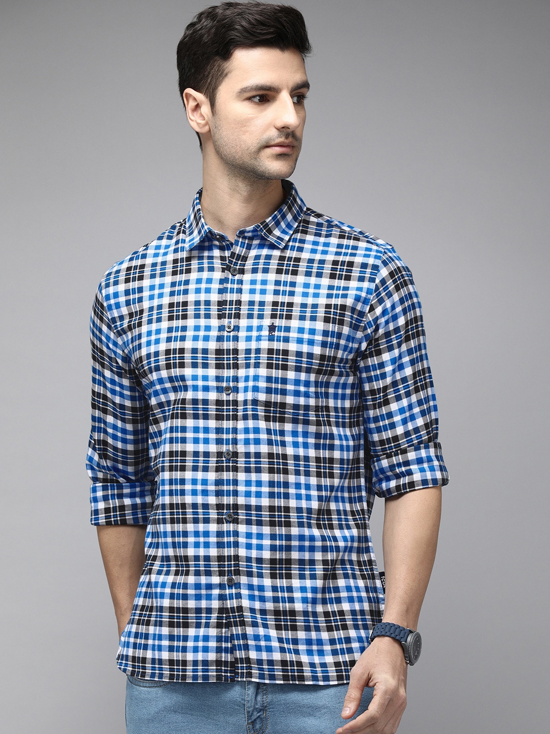

French Connection Men Blue Tartan Checks Classic Slim Fit Pure Cotton Casual Shirt