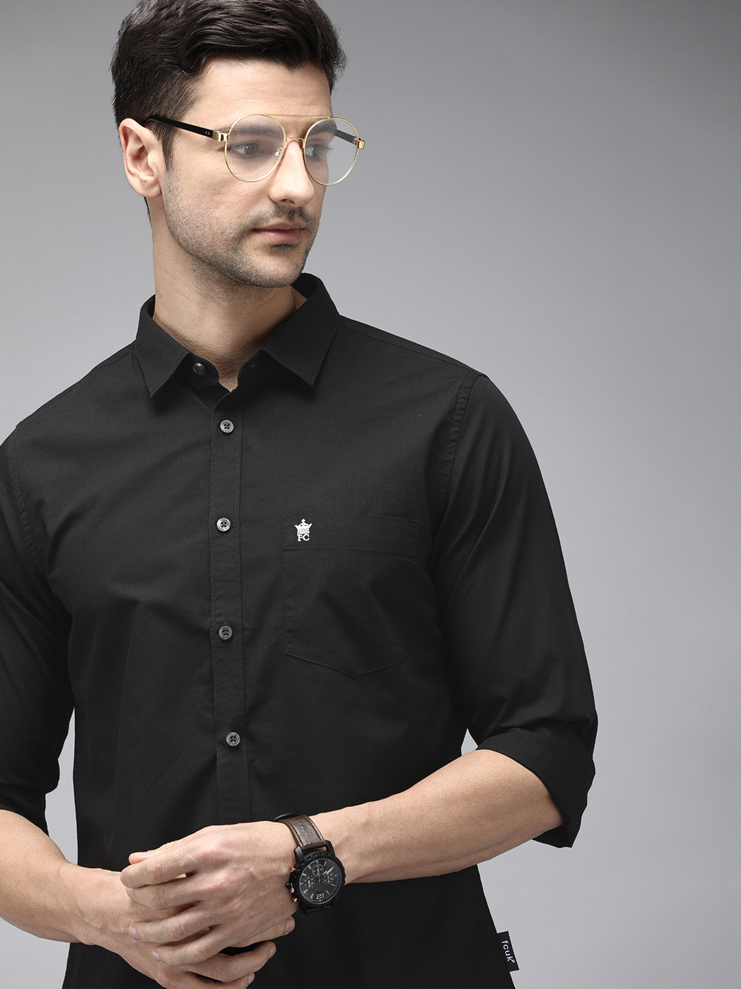 

French Connection Men Black Solid Classic Slim Fit Pure Cotton Casual Shirt