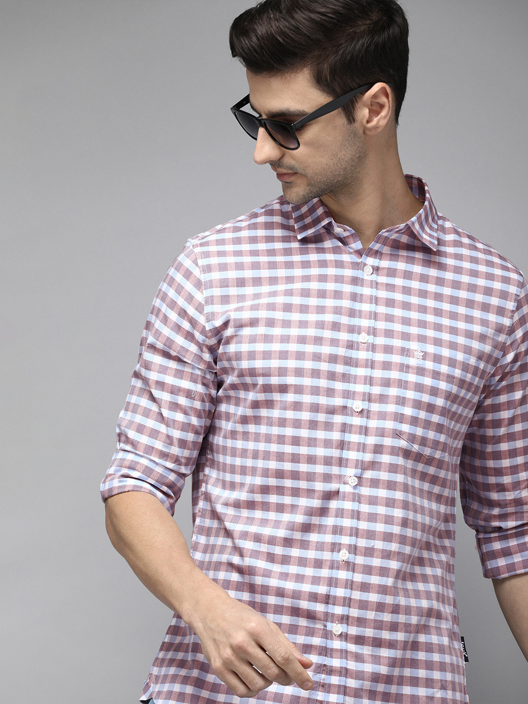 

French Connection Men Blue & Brown Gingham Checks Slim Fit Pure Cotton Casual Shirt