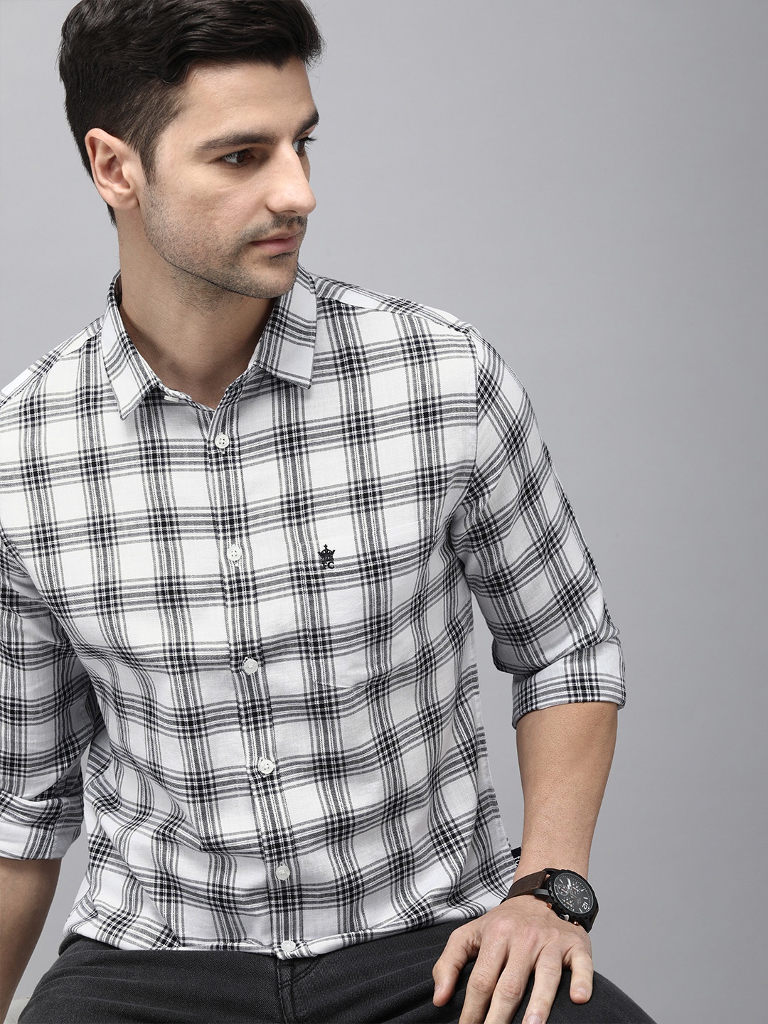 

French Connection Men White & Black Tartan Checks Slim Fit Pure Cotton Casual Shirt