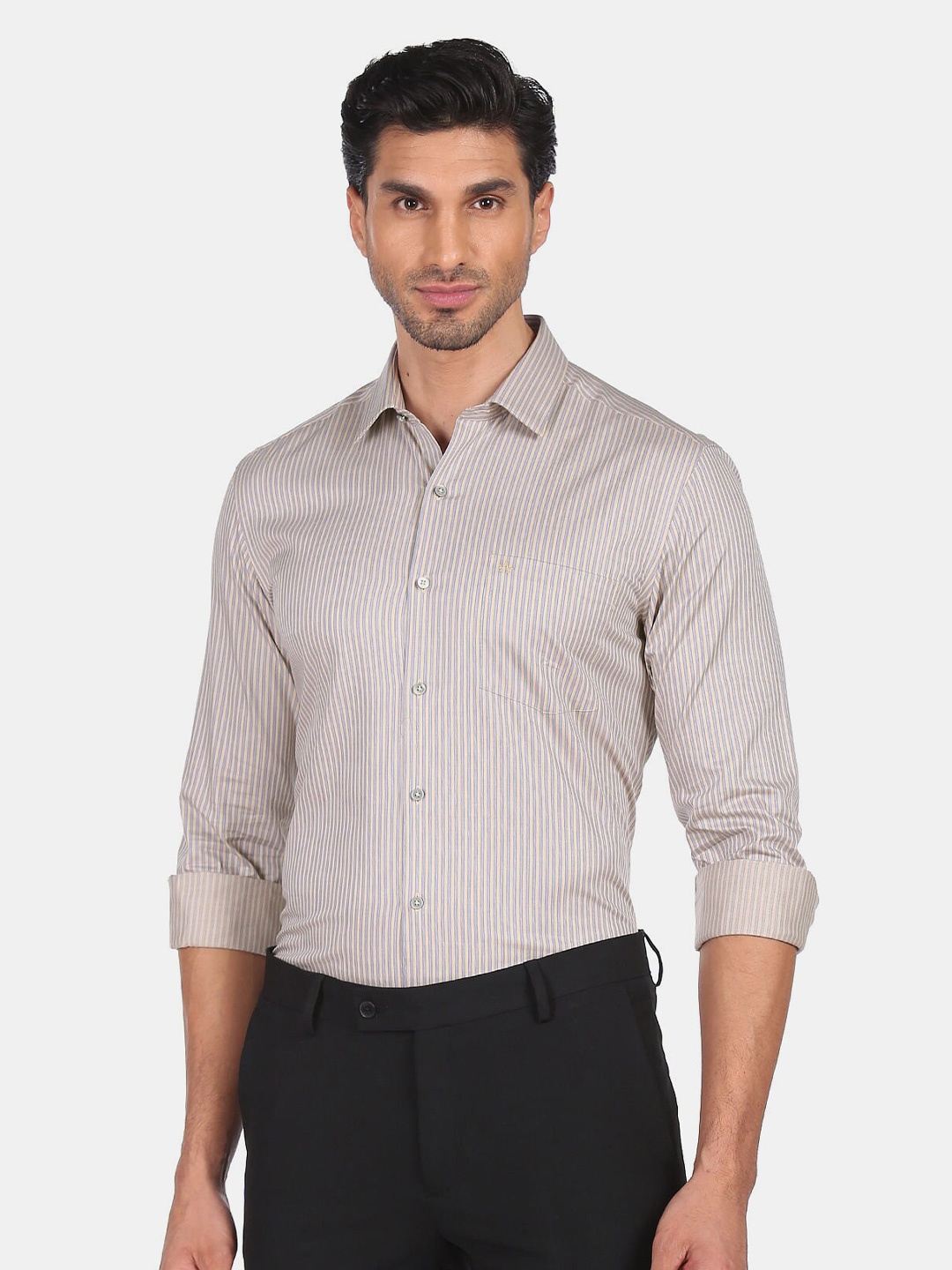 

Arrow Men Beige & Grey Slim Fit Striped Casual Shirt