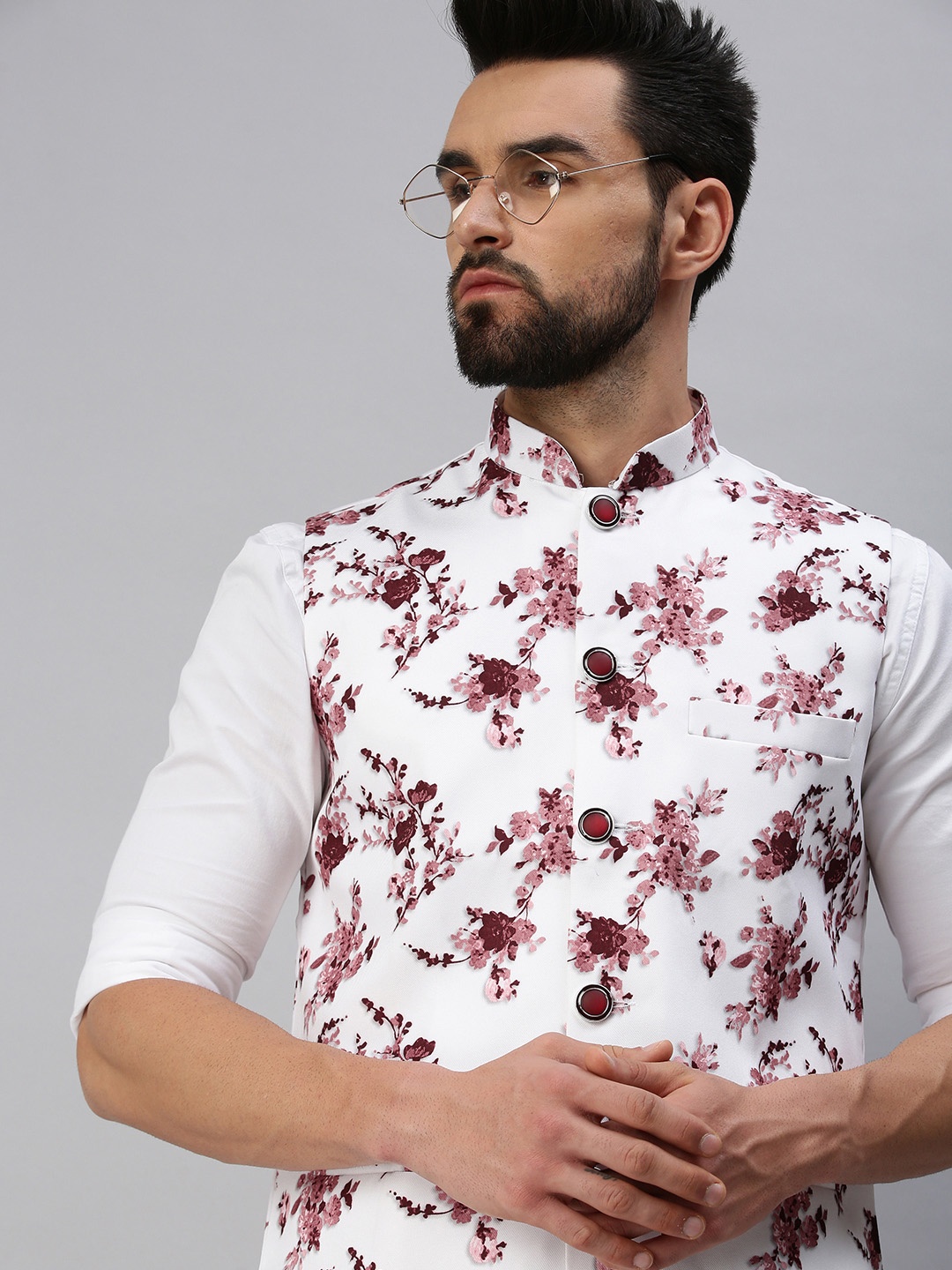 

SHOWOFF Men White & Maroon Printed Woven Nehru Jacket