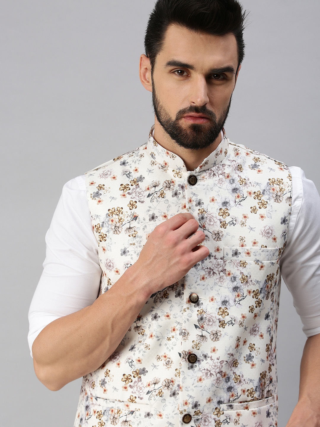

SHOWOFF Men Off White & Grey Printed Woven Nehru Jacket