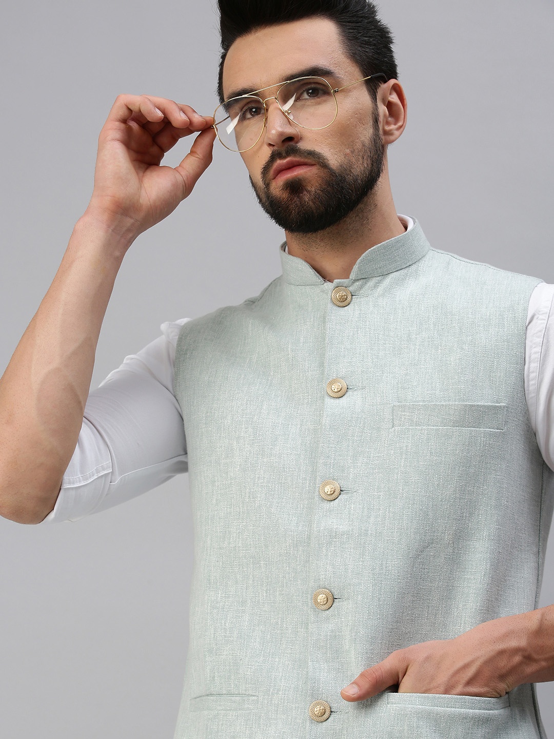 

SHOWOFF Men Sea Green Solid Woven Nehru Jackets