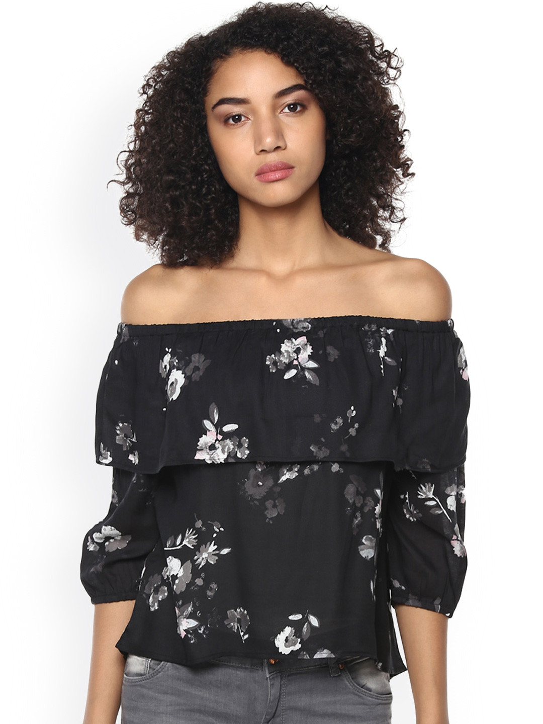 

Harpa Black Floral Print Bardot Top