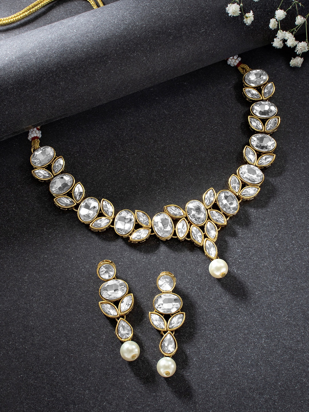 

Peora Gold-Plated Crystal Studded Choker Necklace with Earrings