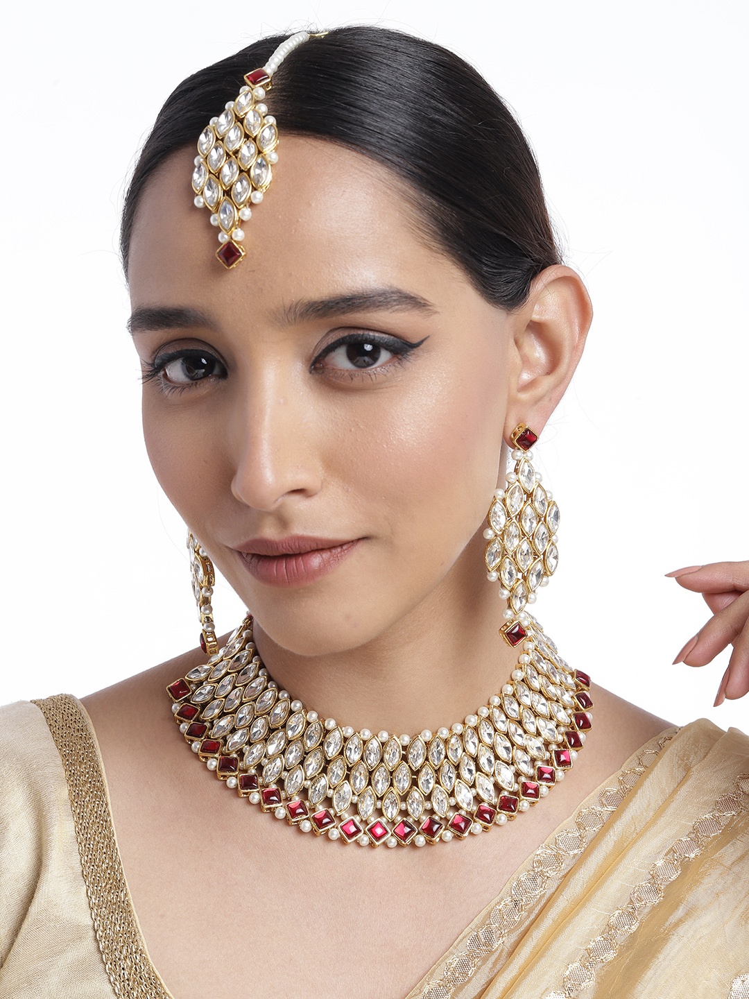 

Peora Maroon & White Stones Gold-Plated Choker Necklace Set