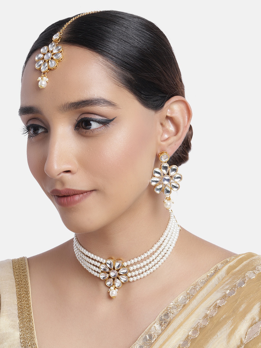 

Peora White Traditional Gold Plated Kundan Pearl Choker Necklace Jewellery Set