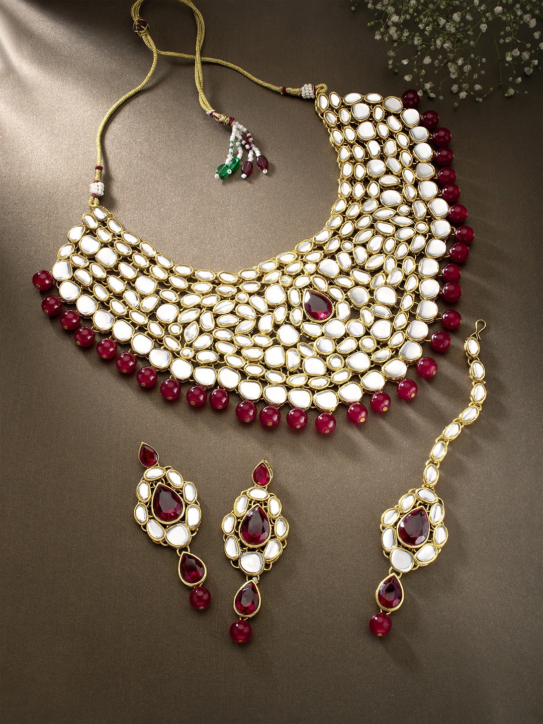 

Peora Gold-Plated & Maroon Floral Studded Choker Jewellery Set