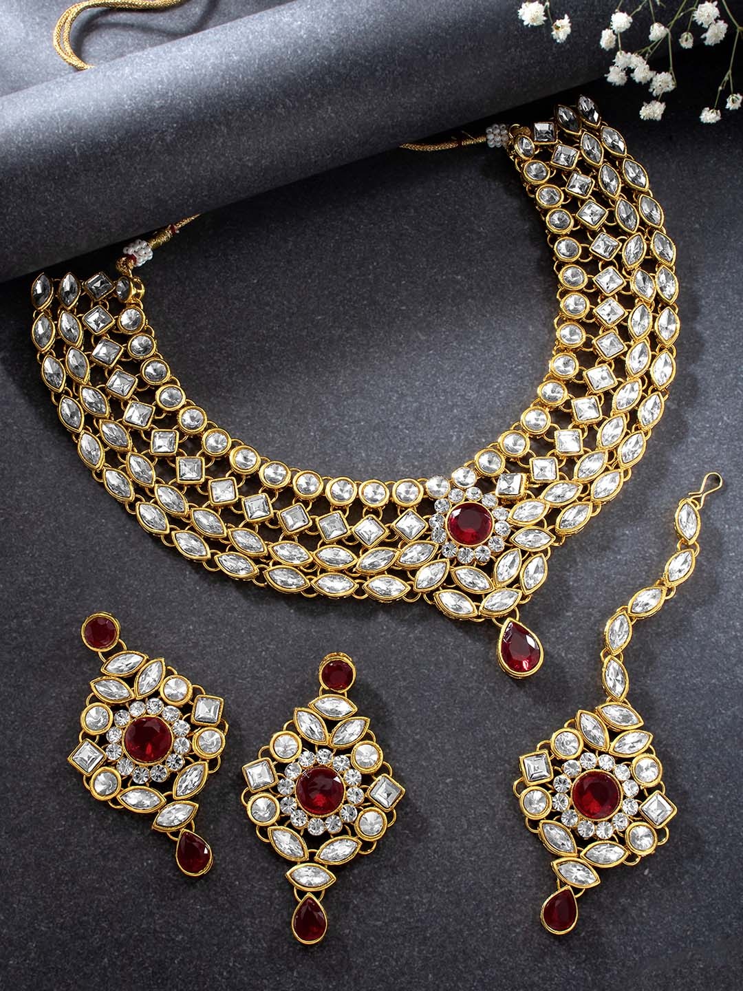Peora Gold-Plated & Maroon Floral Studded Choker Jewellery Set