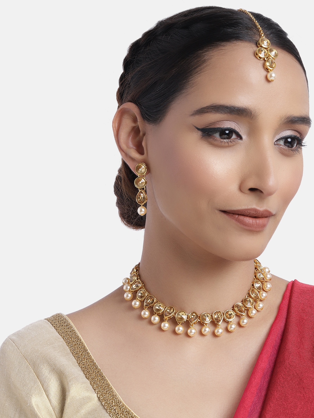 

Peora Gold-Plated White Kundan Pearl Choker Necklace Set