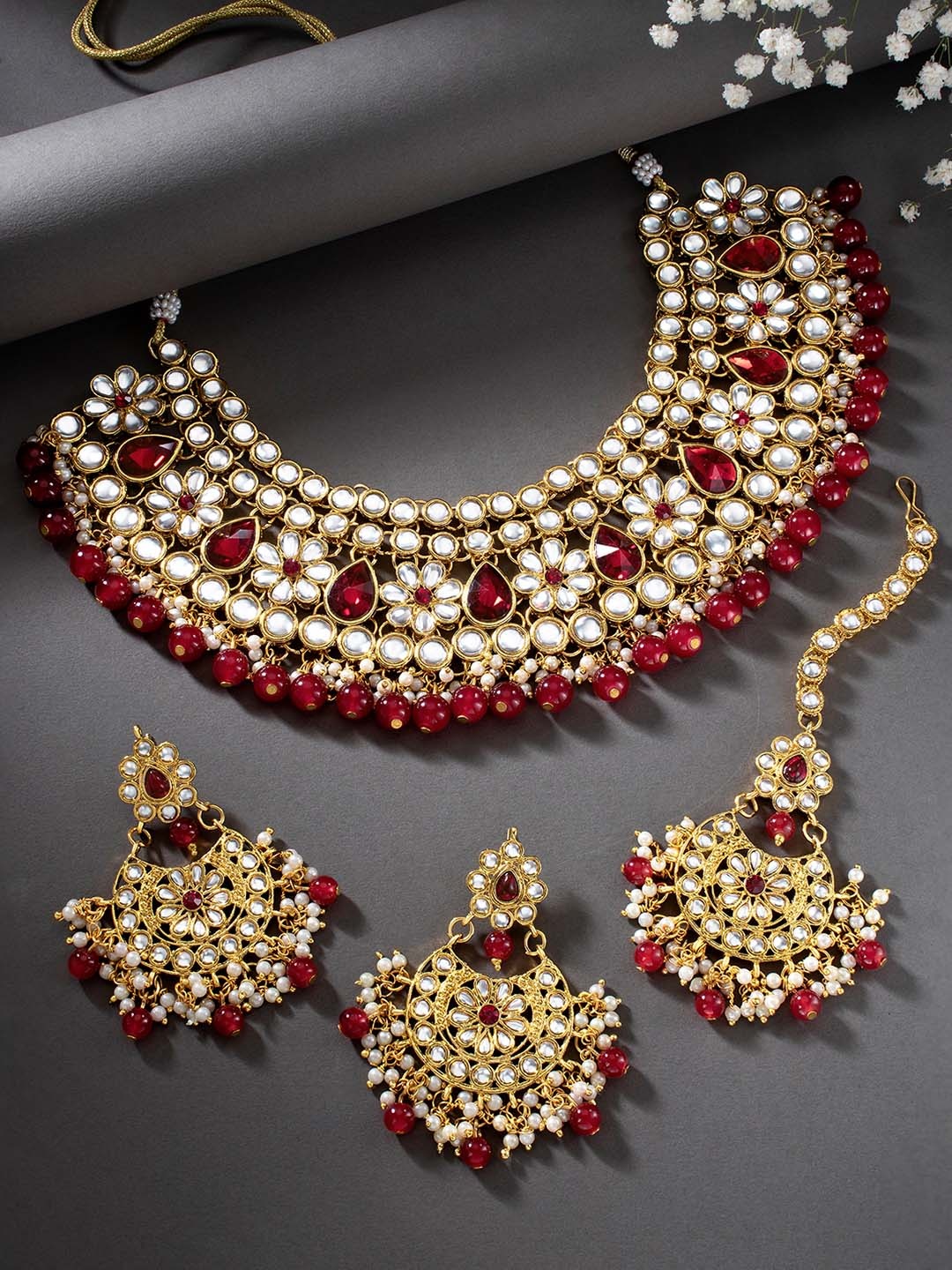 Peora Gold-Plated & Maroon Floral Studded Choker Jewellery Set