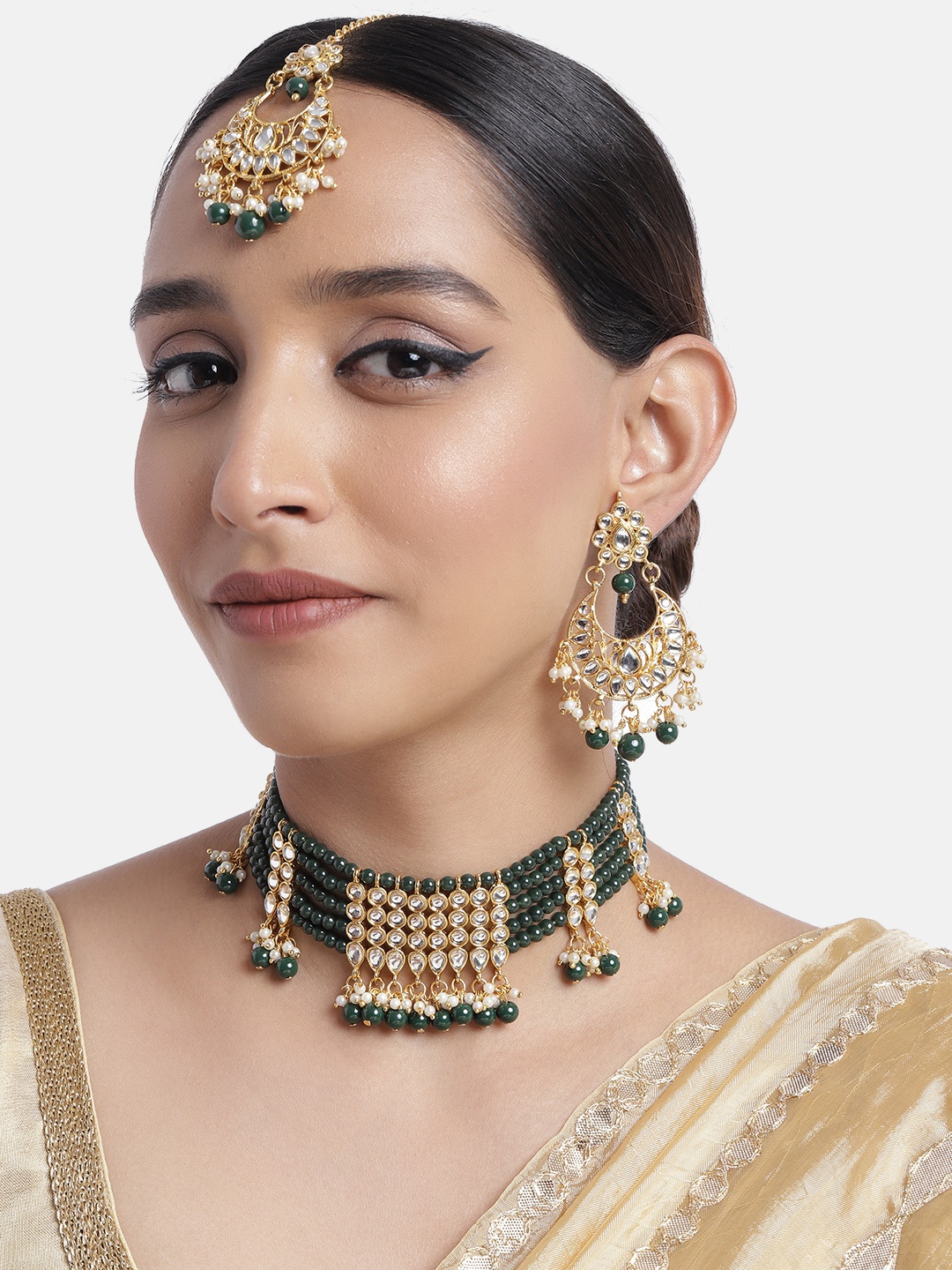 

Peora Green Gold Plated Multistrand Choker Necklace Earring Maangtikka Jewellery Set