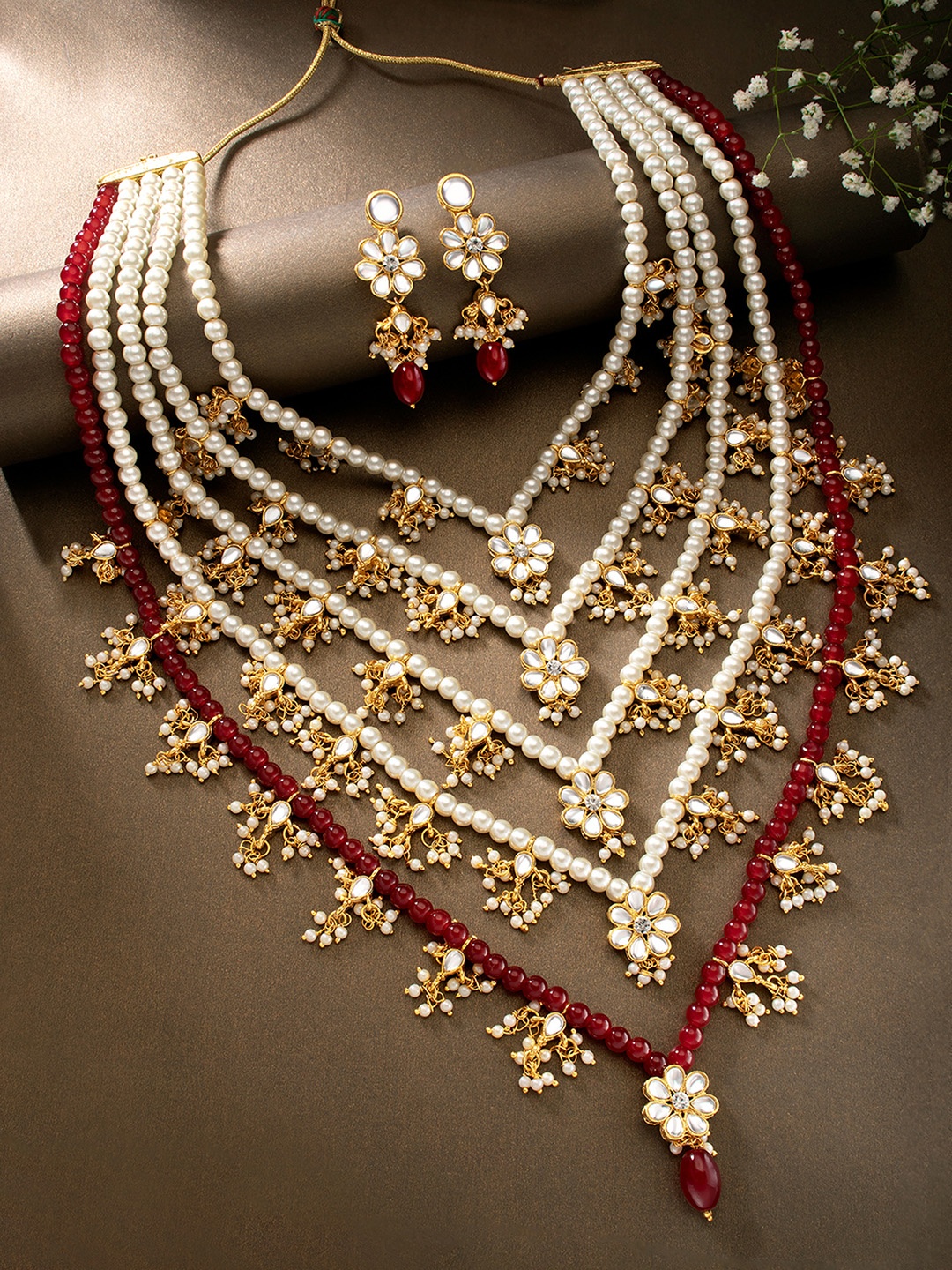 

Peora Gold-Plated & Maroon Floral Studded Layered Jewellery Set