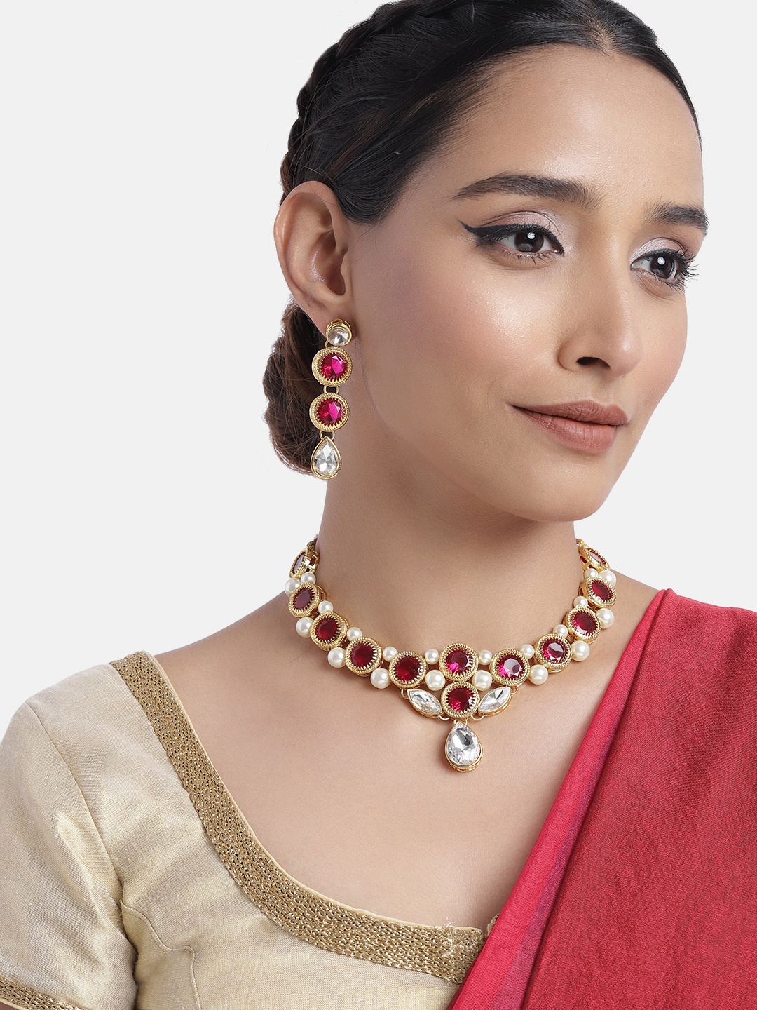 

Peora Gold-Plated & Red Kundan Studded Jewellery Set