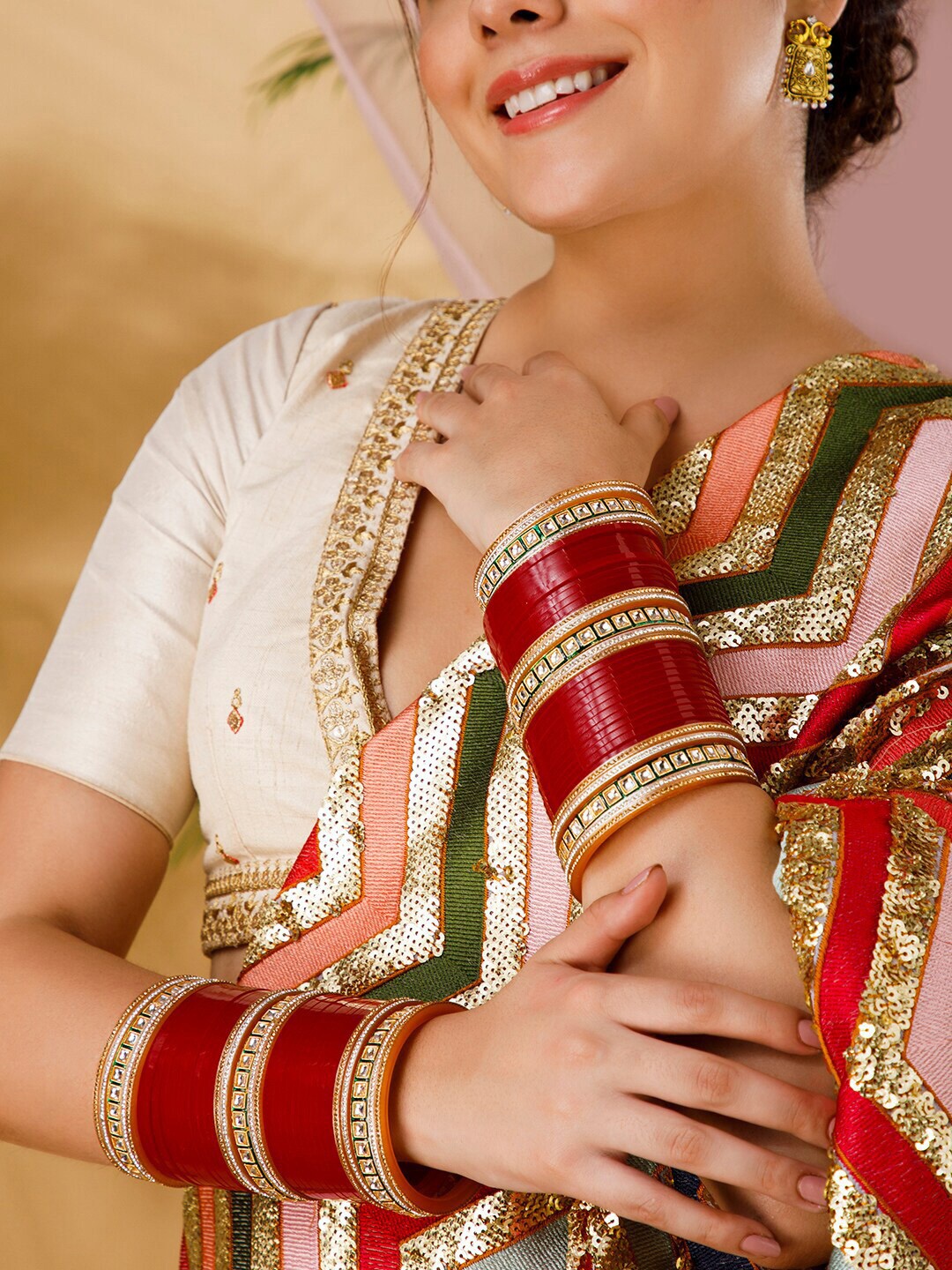 

Rubans Maroon Gold Plated Stone Studded Chuda Bangle Set