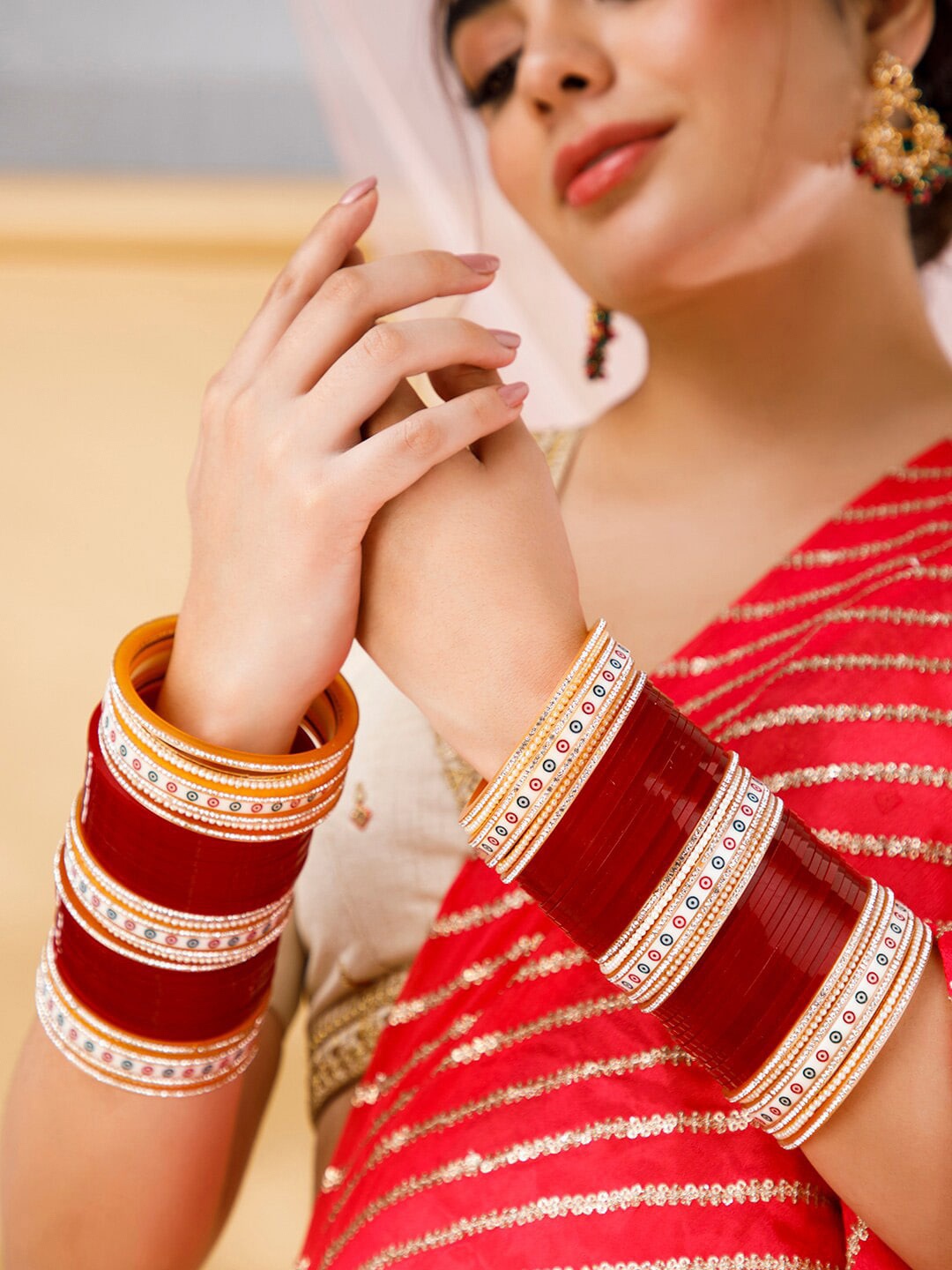 

Rubans Maroon & White Gold Plated Stone Studded Chuda Bangle Set