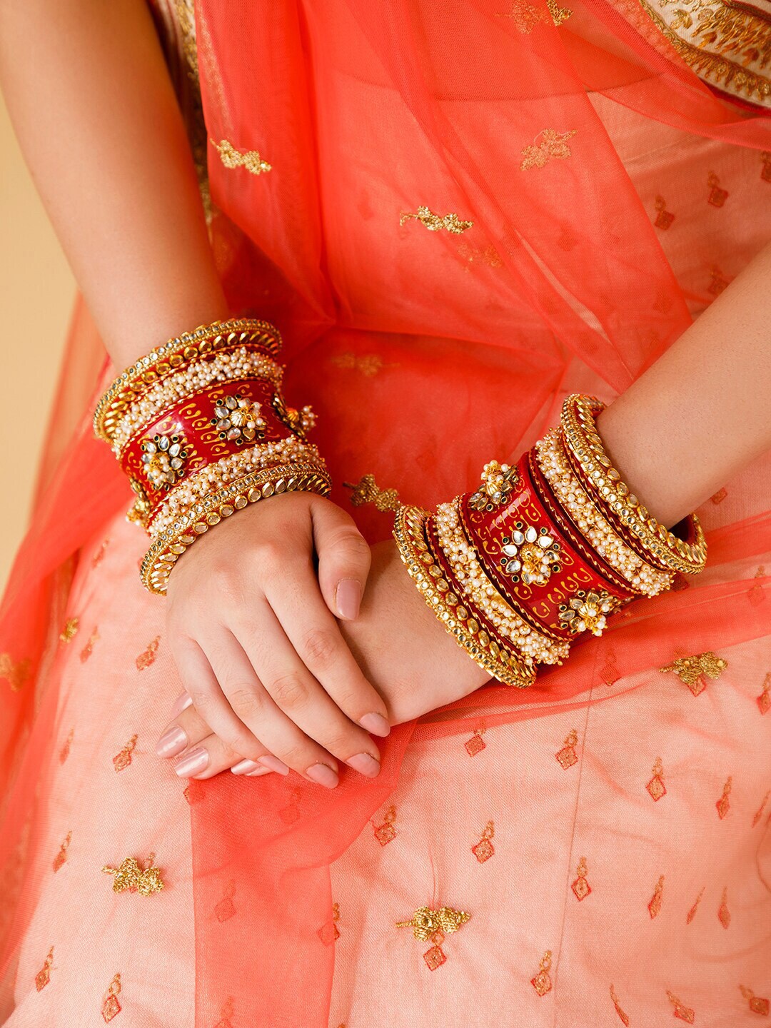 

Rubans Red Gold Plated Stone Studded Bangle Set