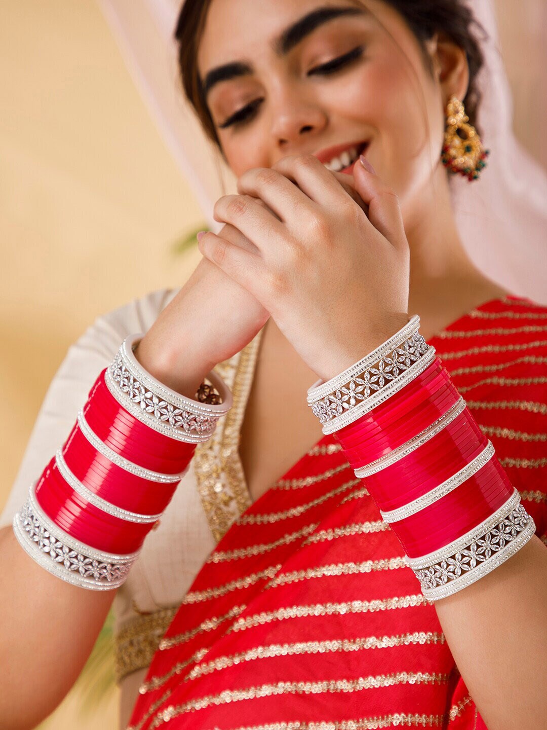 

Rubans Pink & White Silver Plated Stone Studded Chuda Bangle Set