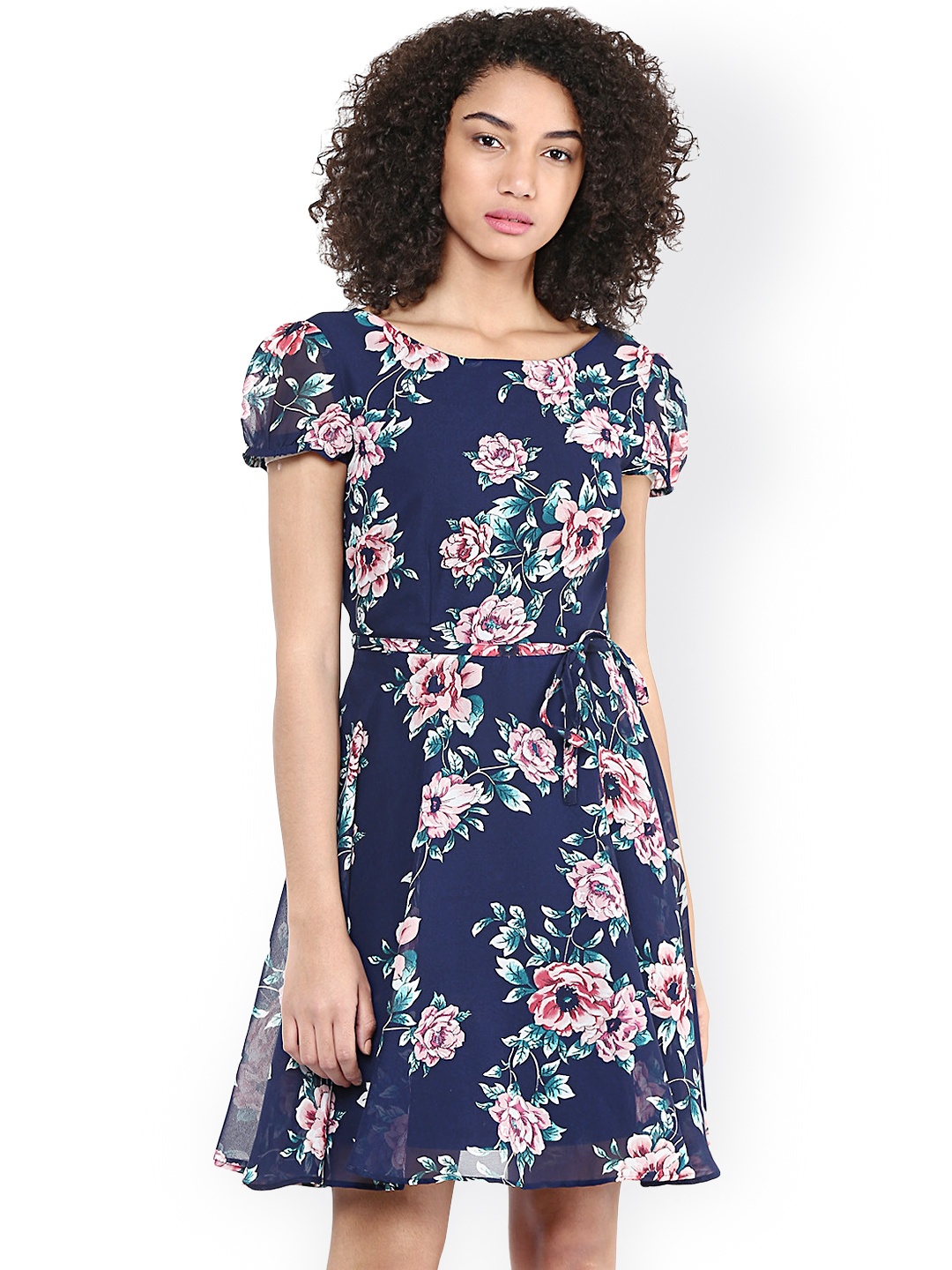 

Harpa Women Navy Printed Fit & Flare Dress, Navy blue