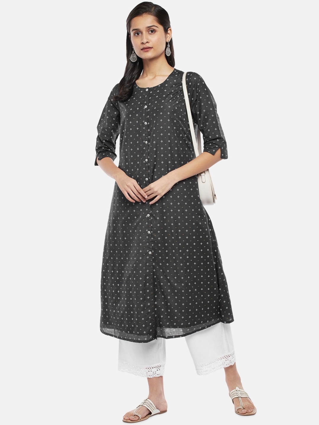 

RANGMANCH BY PANTALOONS Women Navy Blue Geometric Printed Chanderi Cotton Kurta