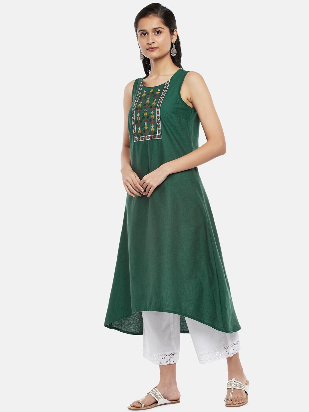 

RANGMANCH BY PANTALOONS Women Olive Green Geometric Yoke Design Kurta