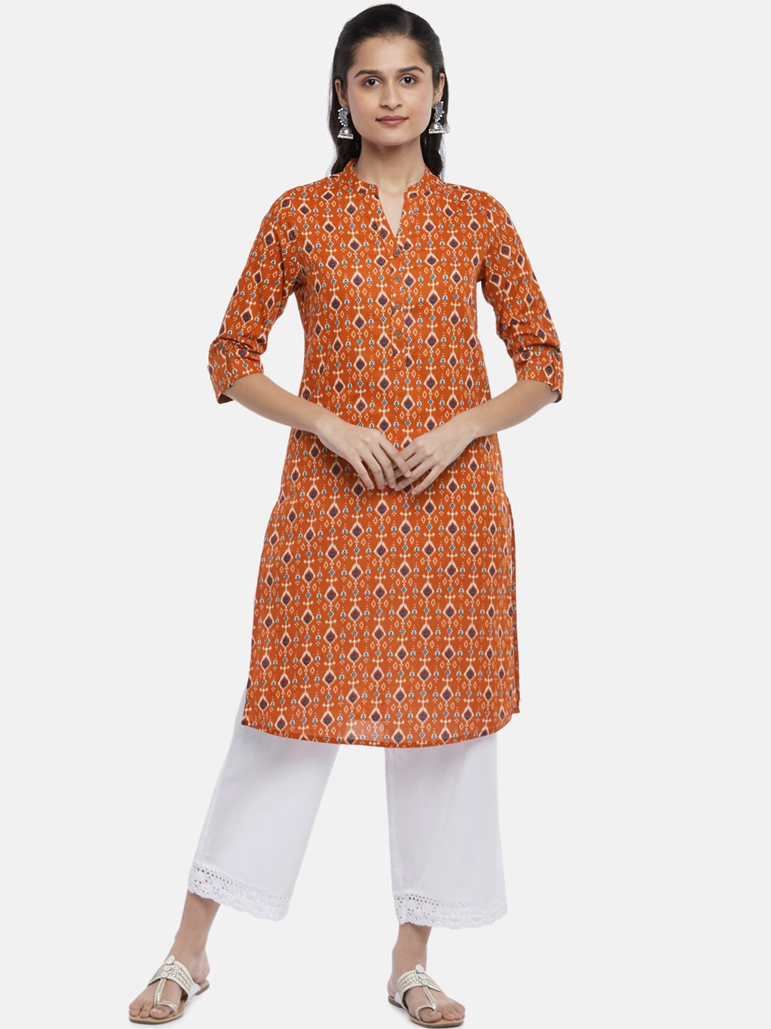 

RANGMANCH BY PANTALOONS Women Rust Geometric Printed Cotton Straight Kurta