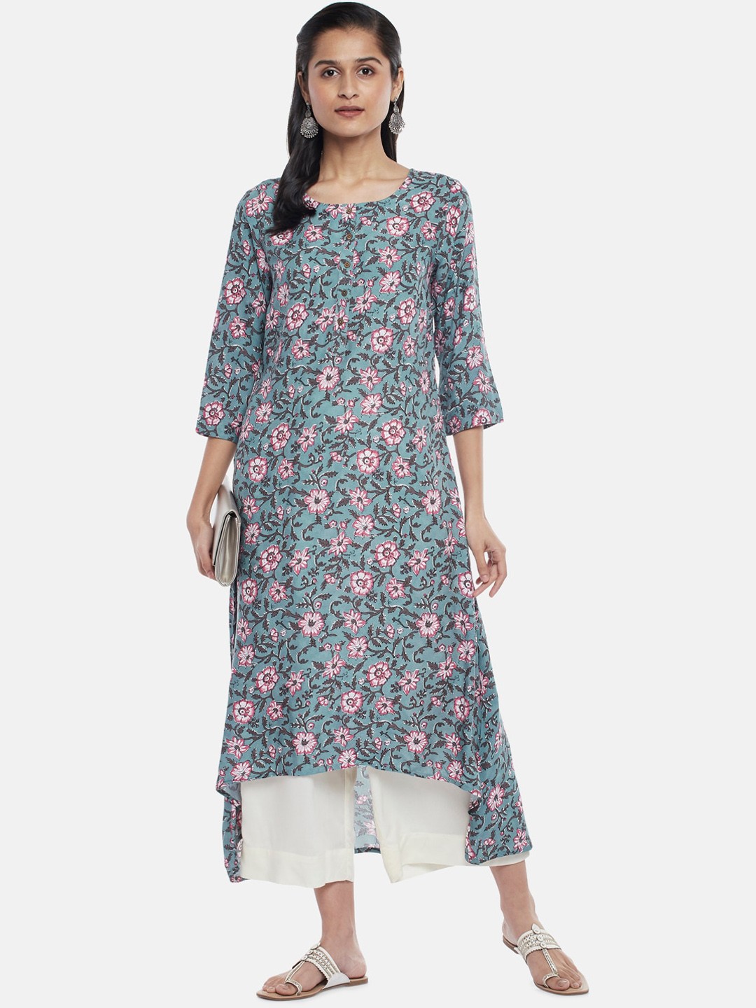 

RANGMANCH BY PANTALOONS Women Teal & Pink Floral Printed Kurta