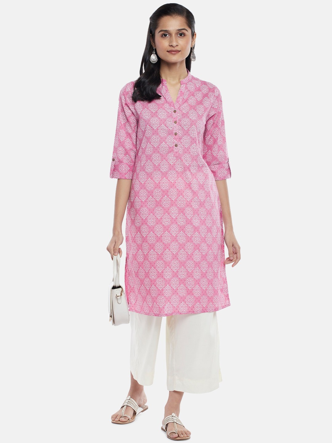 

RANGMANCH BY PANTALOONS Women Pink & White Ethnic Motifs Printed Cotton Kurta