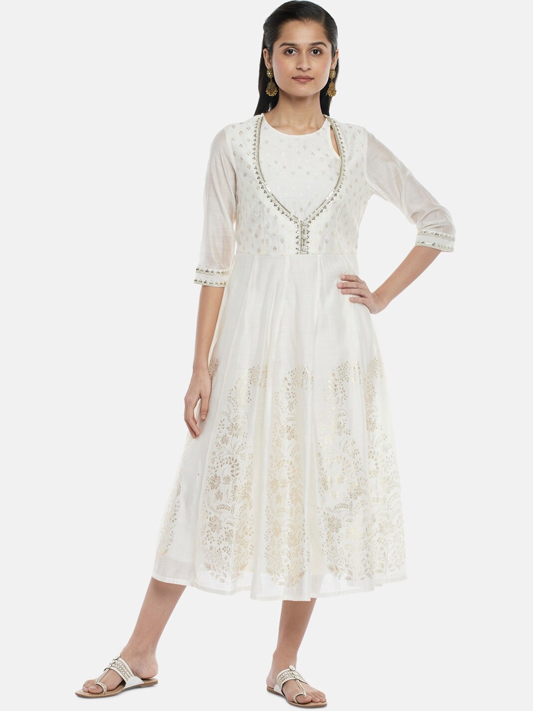 

RANGMANCH BY PANTALOONS Women Off White Floral Printed Anarkali Kurta
