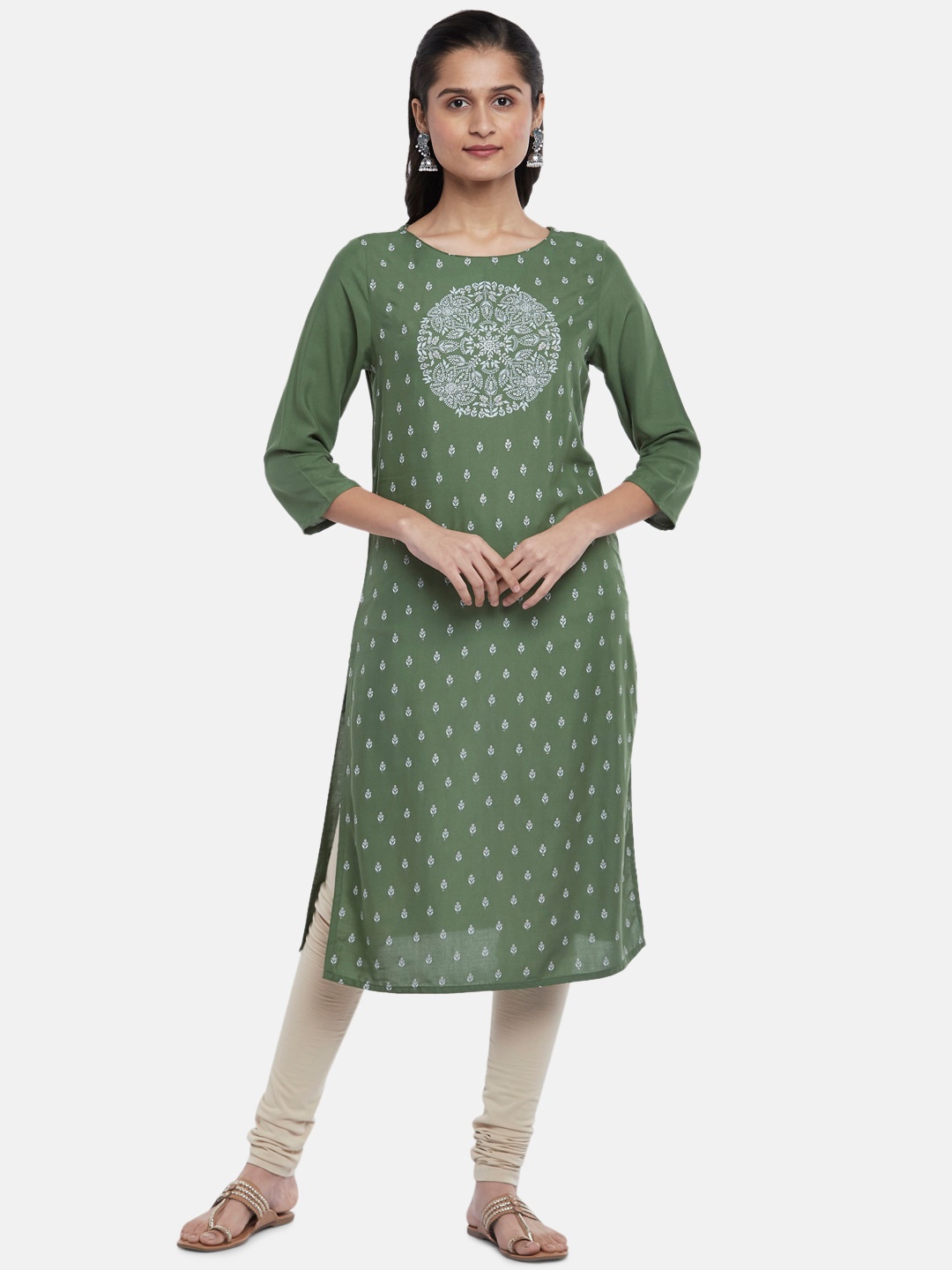 

RANGMANCH BY PANTALOONS Women Green & White Ethnic Motifs Yoke Design Straight Kurta